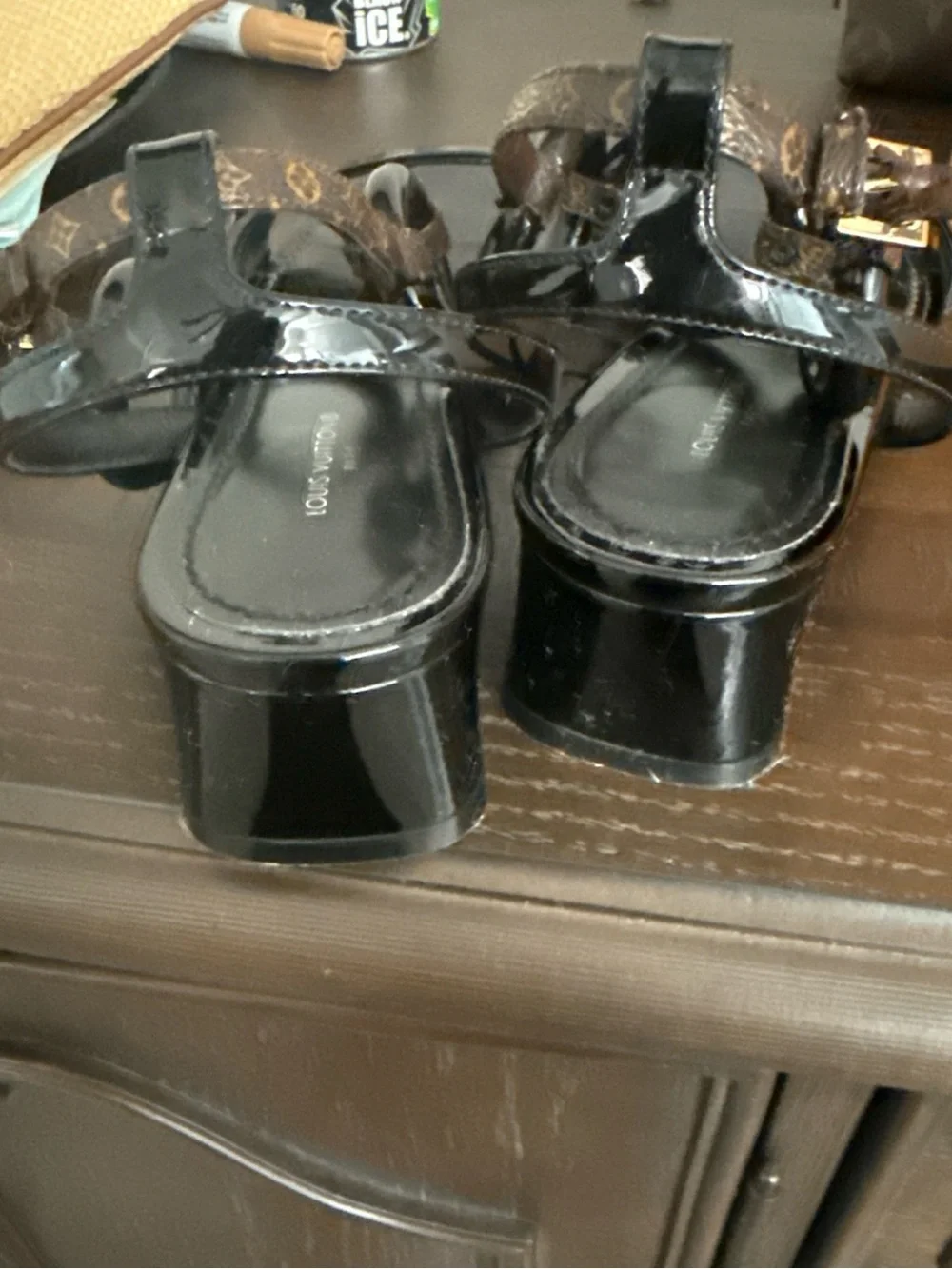 Louis Vuitton Black Patent & Monogram Link Sandals